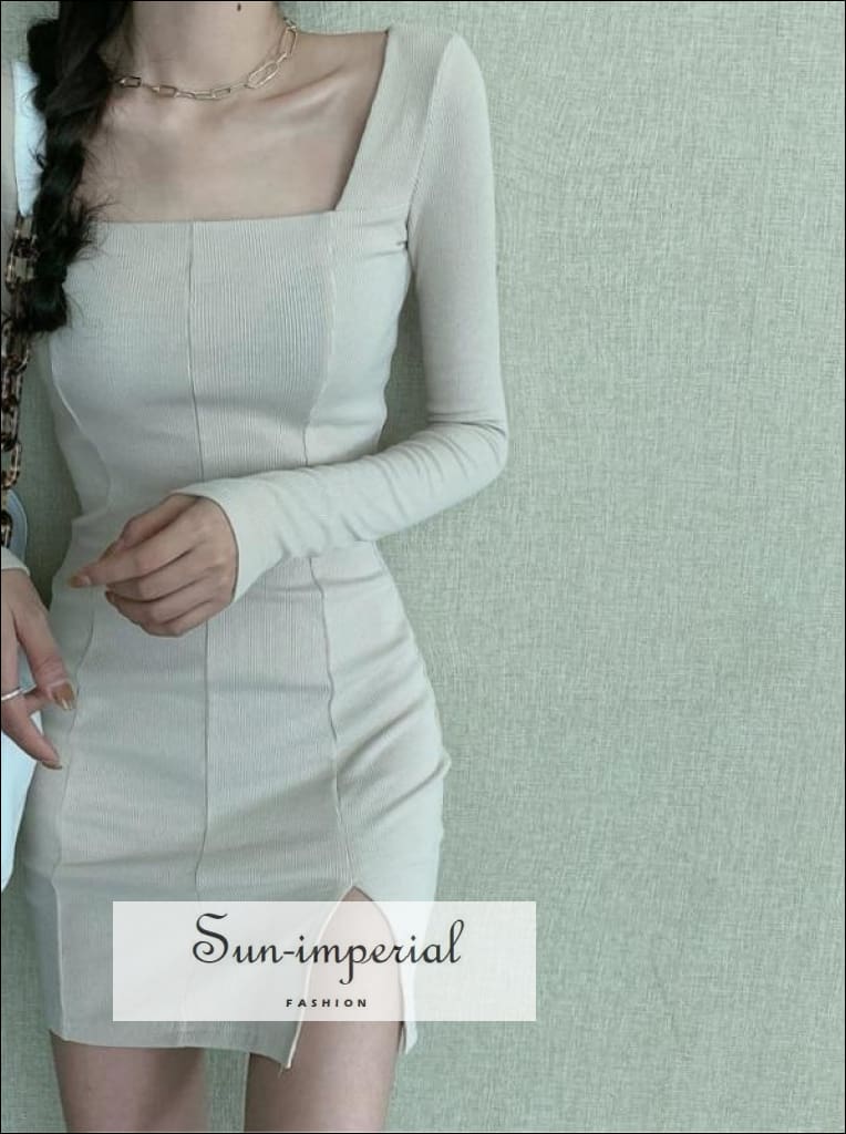 Sun-imperial - women white square neck long sleeve bodycon ribbed mini dress with side split Sun-Imperial Sun-imperial - women white square neck long sleeve bodycon ribbed mini dress with side split Sun-Imperial
