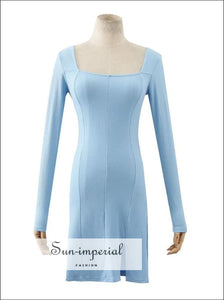 Sun-imperial - women white square neck long sleeve bodycon ribbed mini dress with side split Sun-Imperial Sun-imperial - women white square neck long sleeve bodycon ribbed mini dress with side split Sun-Imperial