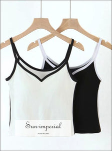 Women White Sweetheart Neckline Camisole with Padded Cup and Contrast Black Piping Cami top Basic style, casual chick sexy harajuku Preppy 