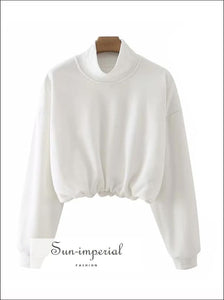 Women White Turtleneck Cropped Sweatshirt with Stretch Hem Details Basic style, casual harajuku Preppy Style Clothes, PUNK STYLE 