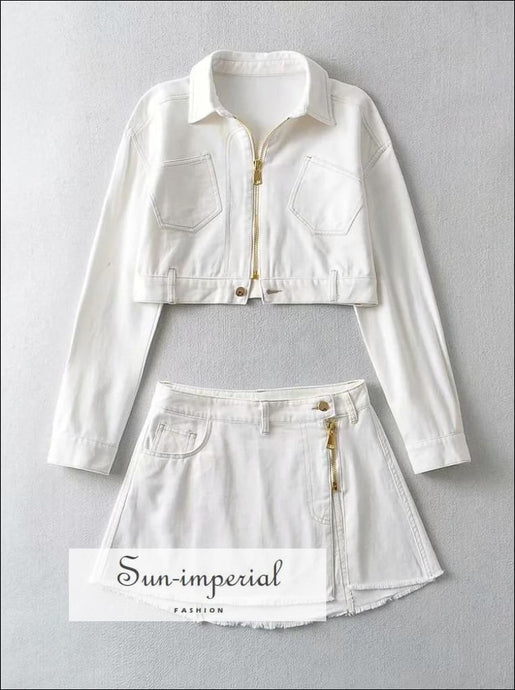 Women White Two Piece Skirt Set Cropped Denim Jacket and Low Waist Slit Hem Mini with casual style, chick sexy Coat, Skirt, harajuku style 