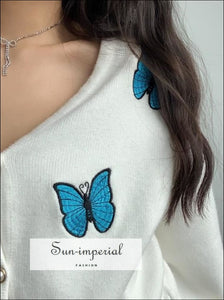 Women White V Neck Blue Butterfly Print Knit Cardigan with Long Balloon Sleeve and Pearl Buttons butterfly print women cardigan, casual 