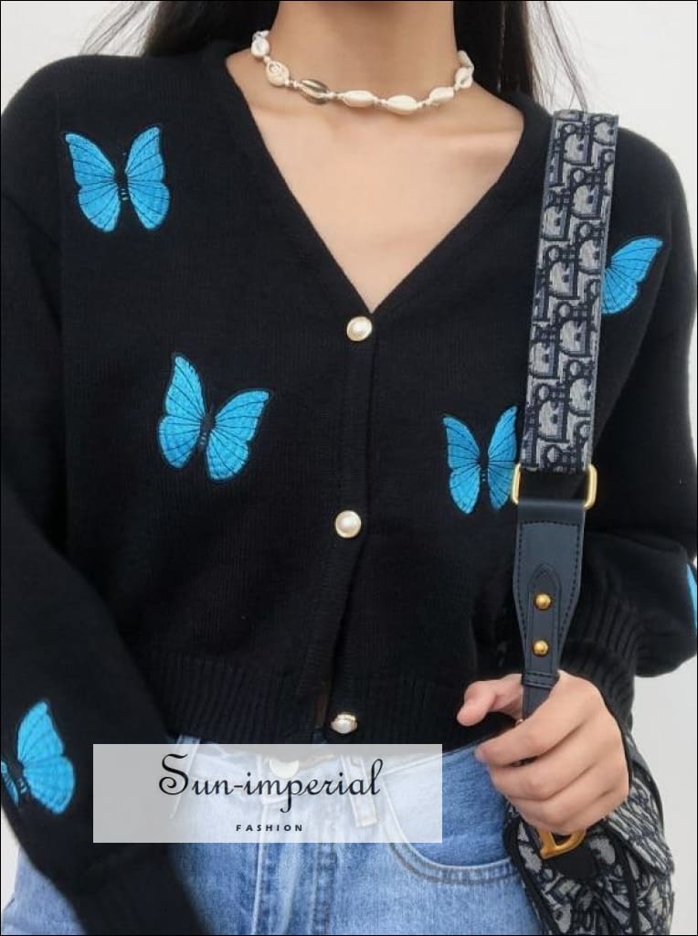 【専用】Butterfly Yarn V-Neck Cardigan Butterfly Yarn V-Neck Cardigan / blue