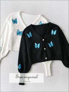 Women White V Neck Blue Butterfly Print Knit Cardigan with Long Balloon Sleeve and Pearl Buttons butterfly print women cardigan, casual 