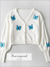 Women White V Neck Blue Butterfly Print Knit Cardigan with Long Balloon Sleeve and Pearl Buttons butterfly print women cardigan, casual 