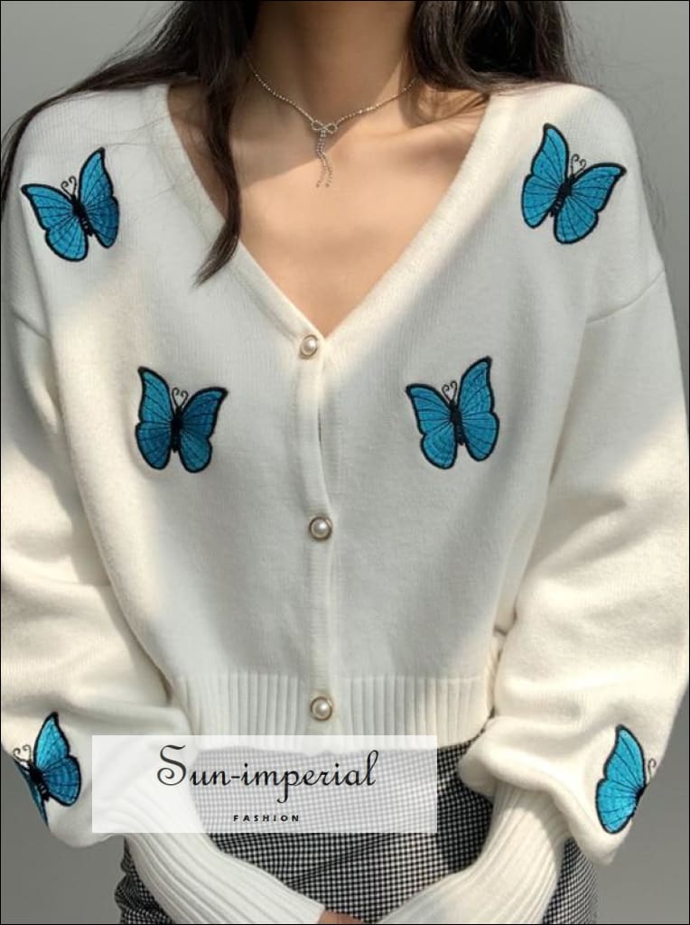 Sun-imperial - women white v neck blue butterfly print knit