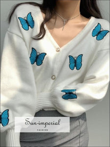 Women White V Neck Blue Butterfly Print Knit Cardigan with Long Balloon Sleeve and Pearl Buttons butterfly print women cardigan, casual 