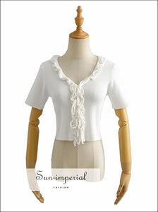 Women White Vintage front Doal Center Tie Short Sleeve Knit Cardigan top with Ruffles detail Bohemian Style, harajuku style, Preppy Style 