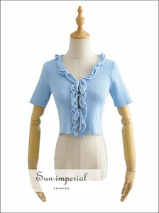 Women White Vintage front Doal Center Tie Short Sleeve Knit Cardigan top with Ruffles detail Bohemian Style, harajuku style, Preppy Style 
