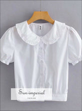 Women White Vintage Summer Blouse Peter Pen Collar Buttoned Down Flare Sleeve Crop top