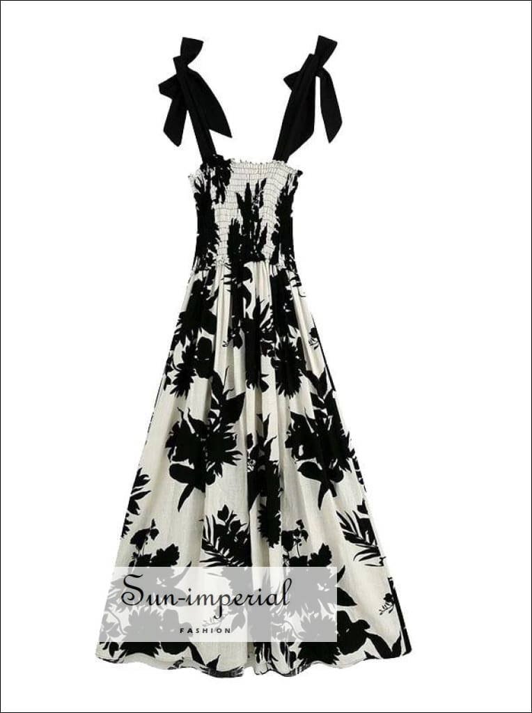 Sun-imperial - women white with black ink print midi dress and elastic  square collar tie strap  Sun-Imperial