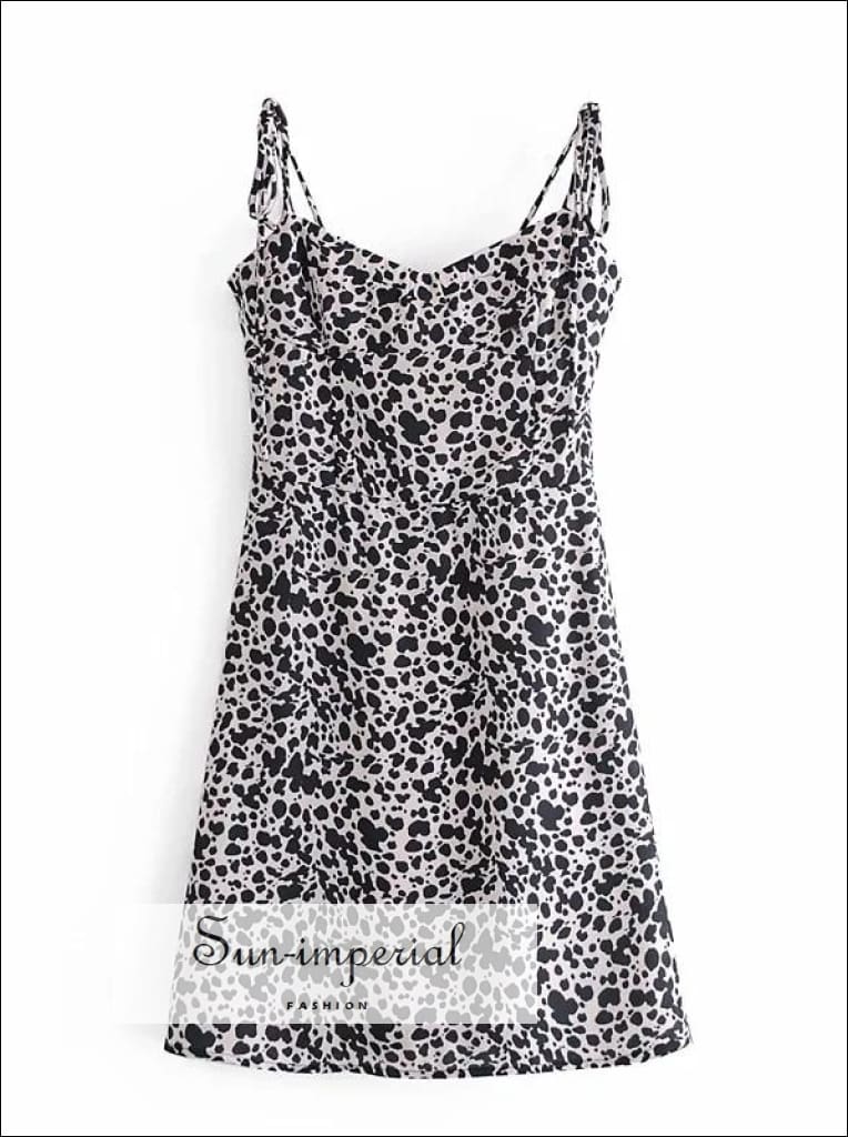 Women White with Black Ink Spot Print Sweetheart Neckline Tie Cami Straps A-line Mini Dress Beach Style Print, boho style, casual chick sexy