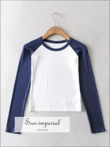 Women White with Black Long Sleeve Colorblock Raglan Rib Fitted T-shirt SUN-IMPERIAL United States