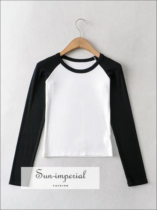 Women White with Black Long Sleeve Colorblock Raglan Rib Fitted T-shirt SUN-IMPERIAL United States