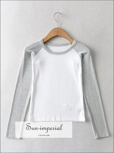 Women White with Black Long Sleeve Colorblock Raglan Rib Fitted T-shirt SUN-IMPERIAL United States