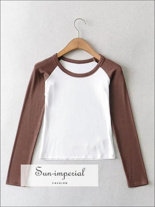 Women White with Black Long Sleeve Colorblock Raglan Rib Fitted T-shirt SUN-IMPERIAL United States