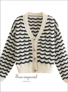 Women White with Black Zig Zag Print Knitted Cardigan Single Breasted Sweater Sun-Imperial United States