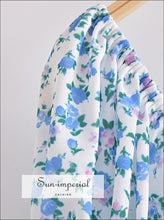 Women White with Blue Flower Print Short Sleeve Square Collar Midi Dress Elastic back and Beach Style Print, Bohemian Style, boho style, 