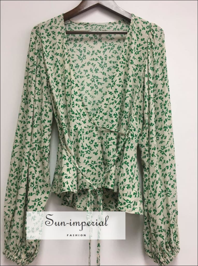Women White with Green Floral Print Wrap Puff Long Sleeve Lace Tie Waist top vintage style SUN-IMPERIAL United States
