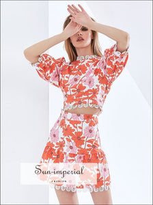 Women White with Pink and Red Floral Print Two Piece A-line High Waist Mini Skirt Mid Puff 2 piece, piece set, skirt crop top mini set 
