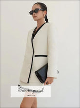 Women White Woven Two Piece Pencil Mini Skirt and Jacket Set with Black Edge detail casual style, elegant harajuku Preppy Style Clothes, 