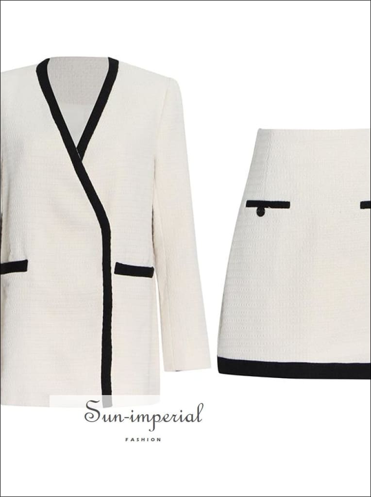 Women White Woven Two Piece Pencil Mini Skirt and Jacket Set with Black Edge detail casual style, elegant harajuku Preppy Style Clothes, 