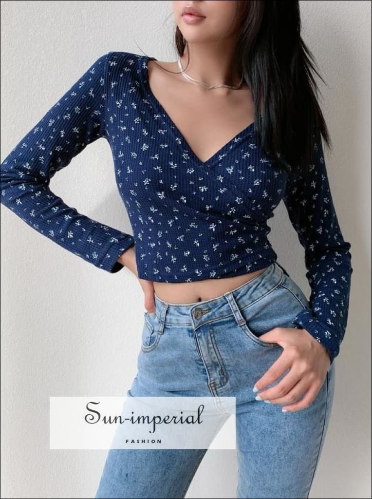 Sun-imperial - women white wrap front blue floral print long sleeved blouse  waffle crop top with tie – Sun-Imperial