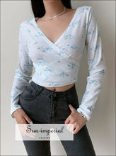 Women White Wrap front Blue Floral Print Long Sleeved Blouse Waffle Crop top with Tie Hem Basic style, casual chick sexy harajuku Preppy 