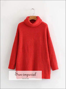 Women Wine Red Oversized Turtleneck Loose Pullovers Jumper Soft Warm Sweater Basic style, bohemian boho casual harajuku style SUN-IMPERIAL 
