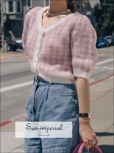 Women Wool Pink Plaid Knitted Cardigan Single Breasted V-neck Short Puff Sleeve Sweater SUN-IMPERIAL United States