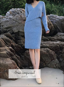 Women Wrap V Neck Ribbed Knit Dresses SUN-IMPERIAL United States