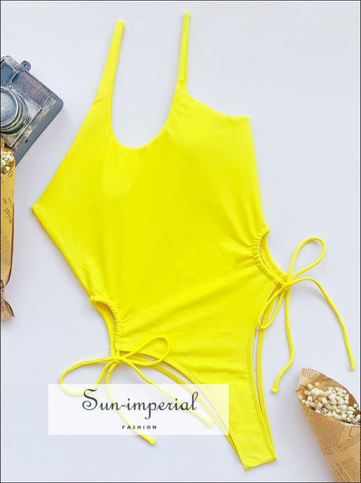 Women Yellow Asymmetric One Piece side Ruched Drawstring Thong High Cut Swimsuit Black Side Swimsuit, yellow SUN-IMPERIAL United States