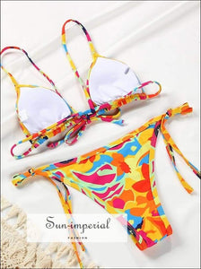 Women Yellow Floral Print Bikini Set Tie front top High Waist side bottom SUN-IMPERIAL United States