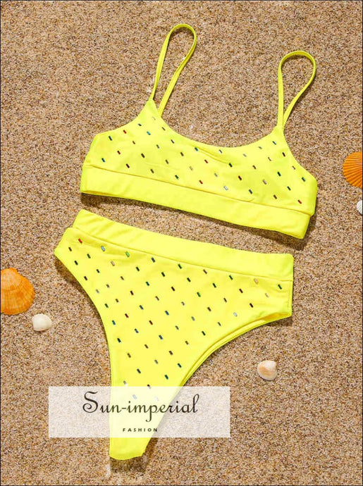 Women Yellow High Waist Bikini Tank Set with Sequin Rectangle detail Hot Pink With Detail SUN-IMPERIAL United States