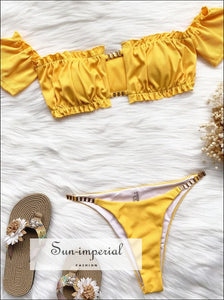 Women Yellow Ribbed off Shoulder Ruffled Frilled Bikini Set with Rust Gold Chain Decor White Off WIth SUN-IMPERIAL United States