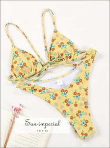 Women Yellow with Red Floral Print Bikini Set Tie front top High Waist side bottom SUN-IMPERIAL United States