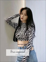 Women Zebra Print High Neck Open back and Tie Fitted top Cropped Long Sleeve T-shirt chick sexy style, street style SUN-IMPERIAL United 