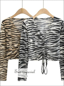 Women Zebra Print Long Sleeve Ruched Tie front T-shirt top casual style, chick sexy harajuku PUNK STYLE, street style SUN-IMPERIAL United 