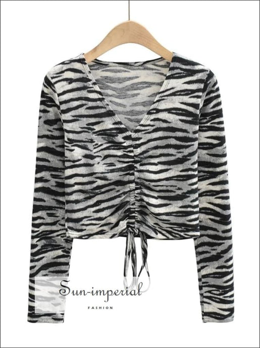 Women Zebra Print Long Sleeve Ruched Tie front T-shirt top casual style, chick sexy harajuku PUNK STYLE, street style SUN-IMPERIAL United 