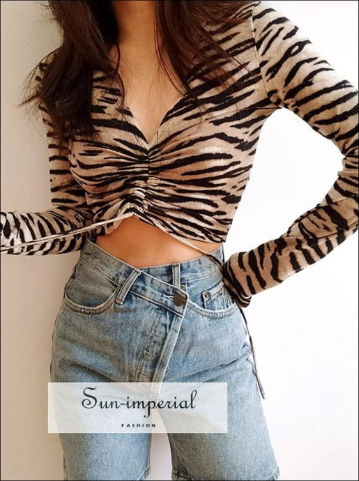 Women Zebra Print Long Sleeve Ruched Tie front T-shirt top casual style, chick sexy harajuku PUNK STYLE, street style SUN-IMPERIAL United 