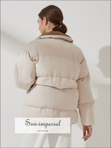 Womens Beige with Brown Inside Color Block Puffer Jacket Warm Outwear Winter Coat Black Buttoned Maxi Trench Windbreaker With Long Sleeve 
