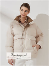 Womens Beige with Brown Inside Color Block Puffer Jacket Warm Outwear Winter Coat Black Buttoned Maxi Trench Windbreaker With Long Sleeve 