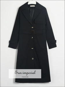 Womens Black Buttoned Maxi Trench Coat Windbreaker Jacket with Long Sleeve and Belt detail With And Detail SUN-IMPERIAL United States
