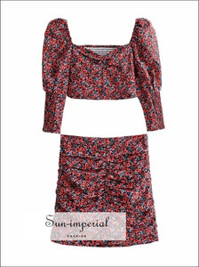 Women’s Black with Red Rose Flower Print Puff Sleeve Square Neck top and Mini Skirt Two Piece 2 piece, piece set, skirt Beach Style Print, 