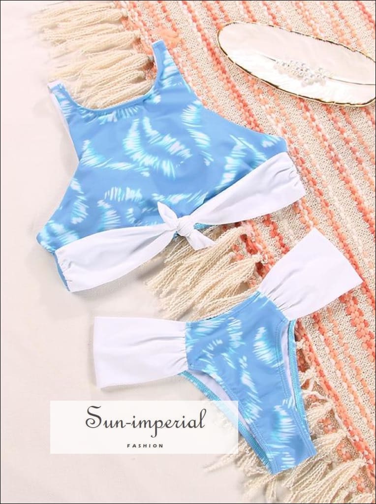Womens Blue Floral High Neck Sport Tank Bra Bikini Set Swimsuit SUN-IMPERIAL United States