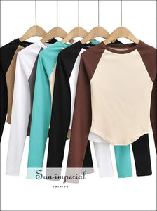 Women’s Color Blocked Long Sleeve Fitted Cropped T-shirt with Curve Hem Basic style, chick sexy harajuku PUNK STYLE, sporty style 