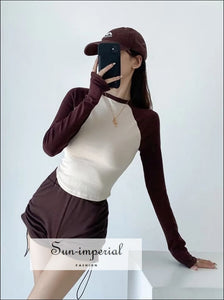 Women’s Color Blocked Long Sleeve Fitted Cropped T-shirt with Curve Hem Basic style, chick sexy harajuku PUNK STYLE, sporty style 