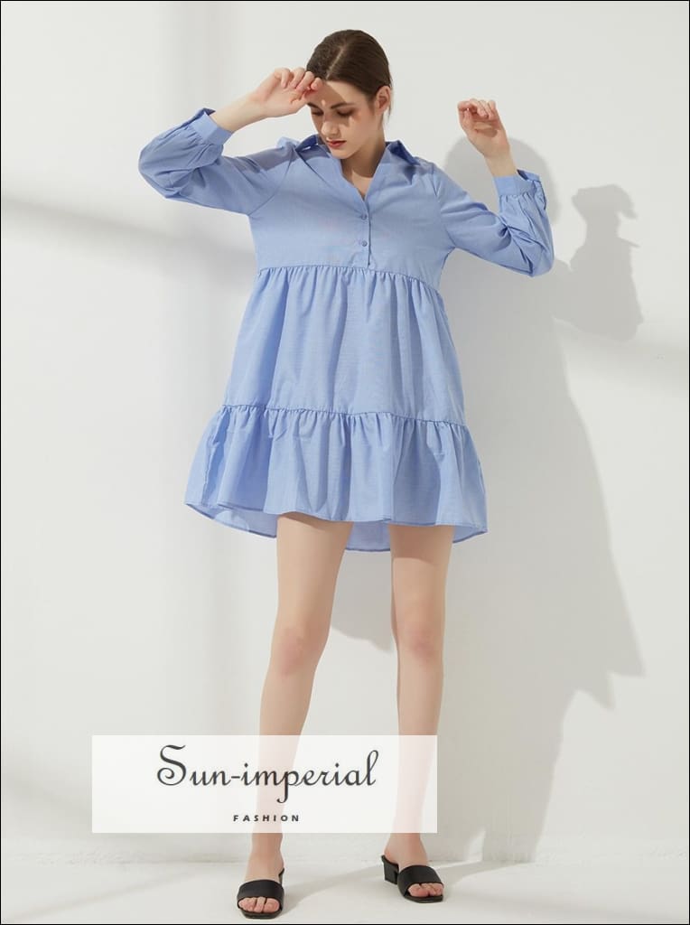 Sun-imperial - womens light Blue long sleeve a-line loose mini dress with turn-down collar buttons Blue / S Sun-imperial - womens light Blue long sleeve a-line loose mini dress with turn-down collar buttons Blue / S