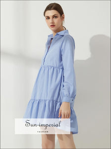 Womens Light Blue Long Sleeve A-line Loose Mini Dress with Turn-down Collar Buttons and Layered Basic style, bohemian boho casual harajuku 