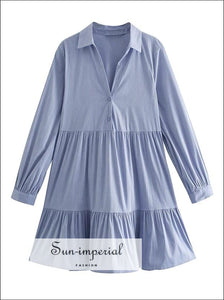 Sun-imperial - womens light blue long sleeve a-line loose mini dress with turn-down collar buttons Sun-Imperial Sun-imperial - womens light blue long sleeve a-line loose mini dress with turn-down collar buttons Sun-Imperial